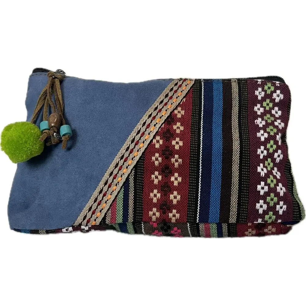 Boho Ultrasuede Embroidered Make-up Bag Beads Pom-pom